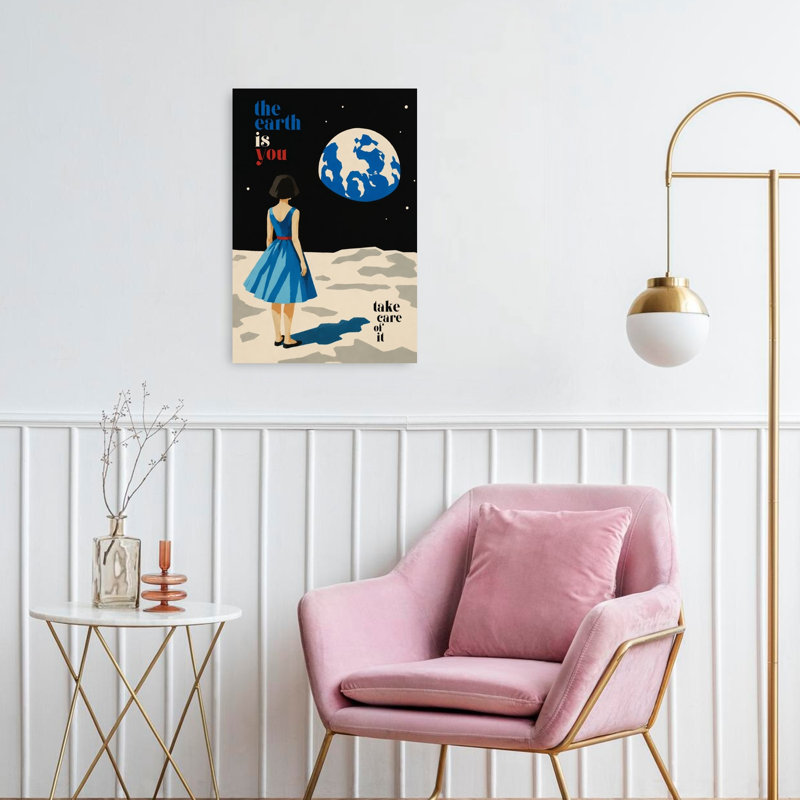 Woman Contemplating Earth Retro Abstract Contemporary Landscape Nature Wall Art Print 1 Piece Wrapped Canvas Wall Art
