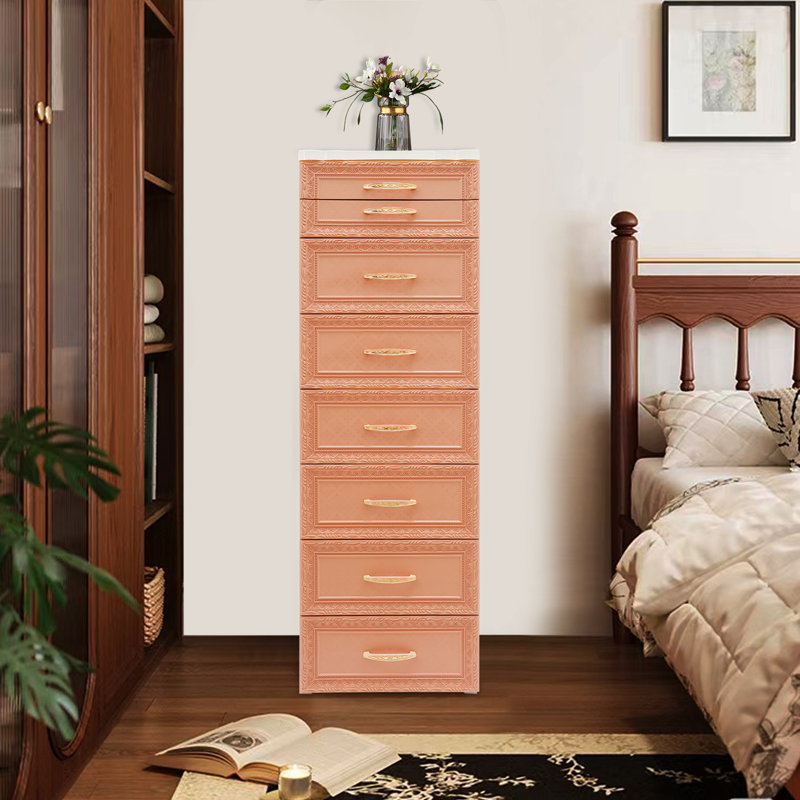 Storage Cabinet, Storage Organizer With Drawers And Wheels, Orange