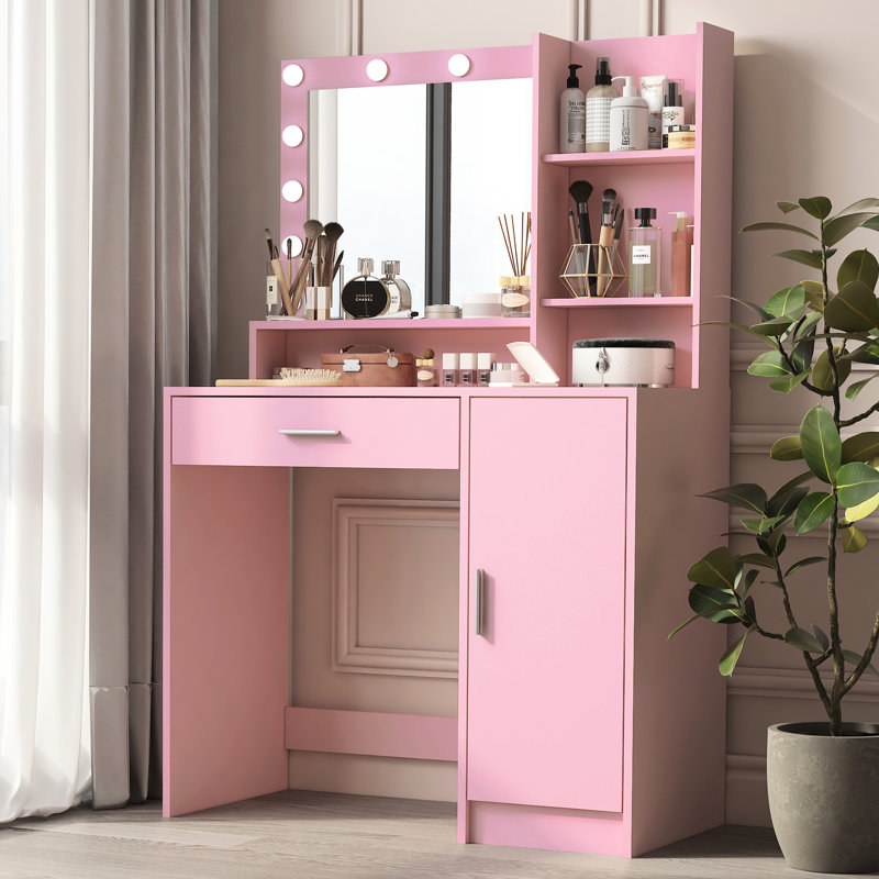 Commode de chambre à coucher avec lumières réglables, grande armoire de rangement, couleur de la table blanche - rangement spacieux, miroir, panneau de particules