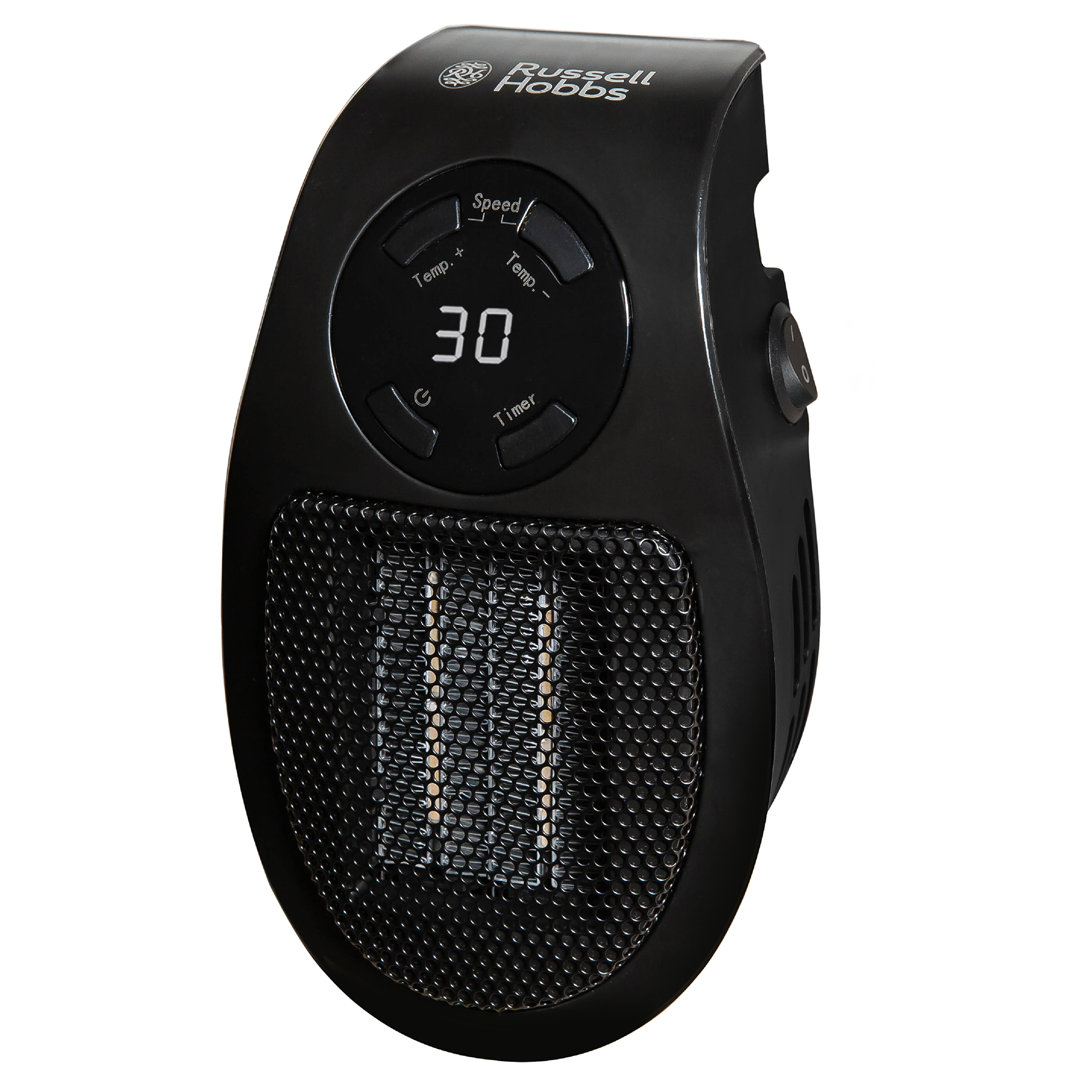 Russell Hobbs RHPH2001B 500W Ceramic Plug Heater, Electric Heater Adjustable thermostat, 12 Hour Timer & LED Display, 2 Fan Speeds, 2 Year Guarantee ,