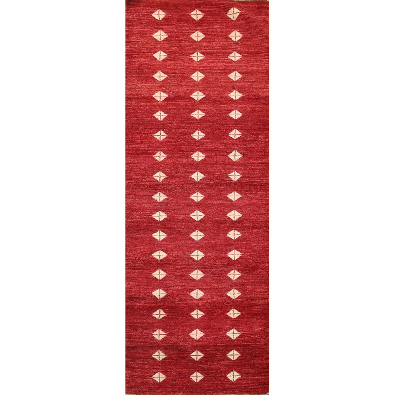 Tapis de couloir oriental géométrique rouge Gabbeh Kashkoli noué à la main