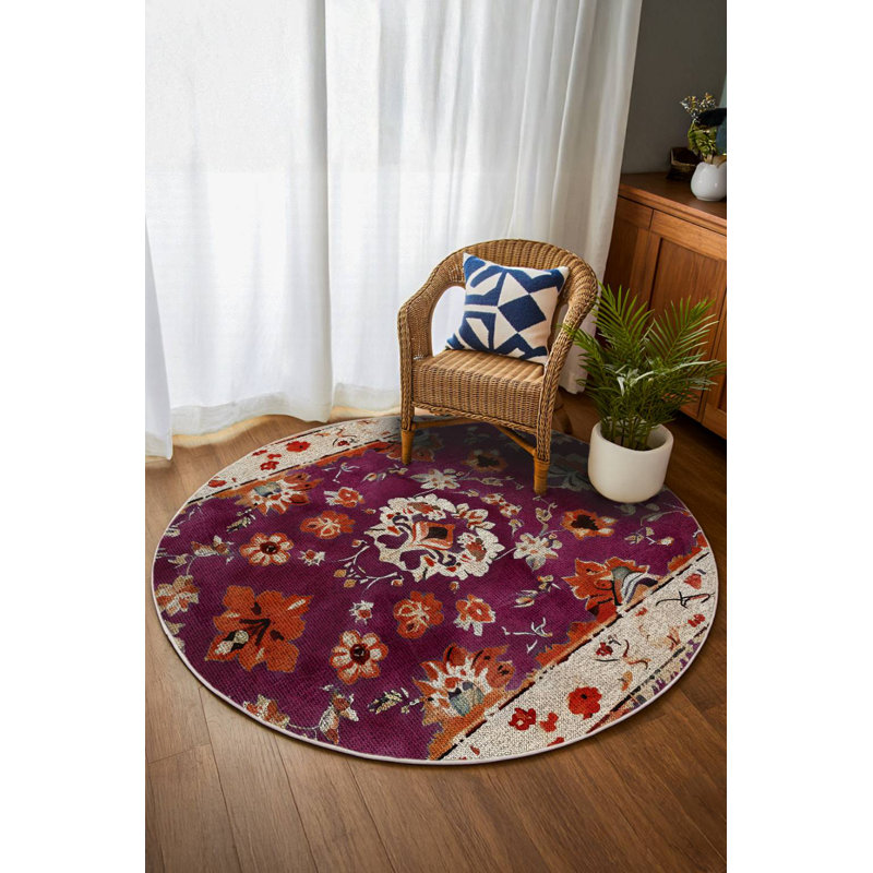 Derya Collection Digital Print Cotton-Polyester Purple Floral Rug, Round 4'