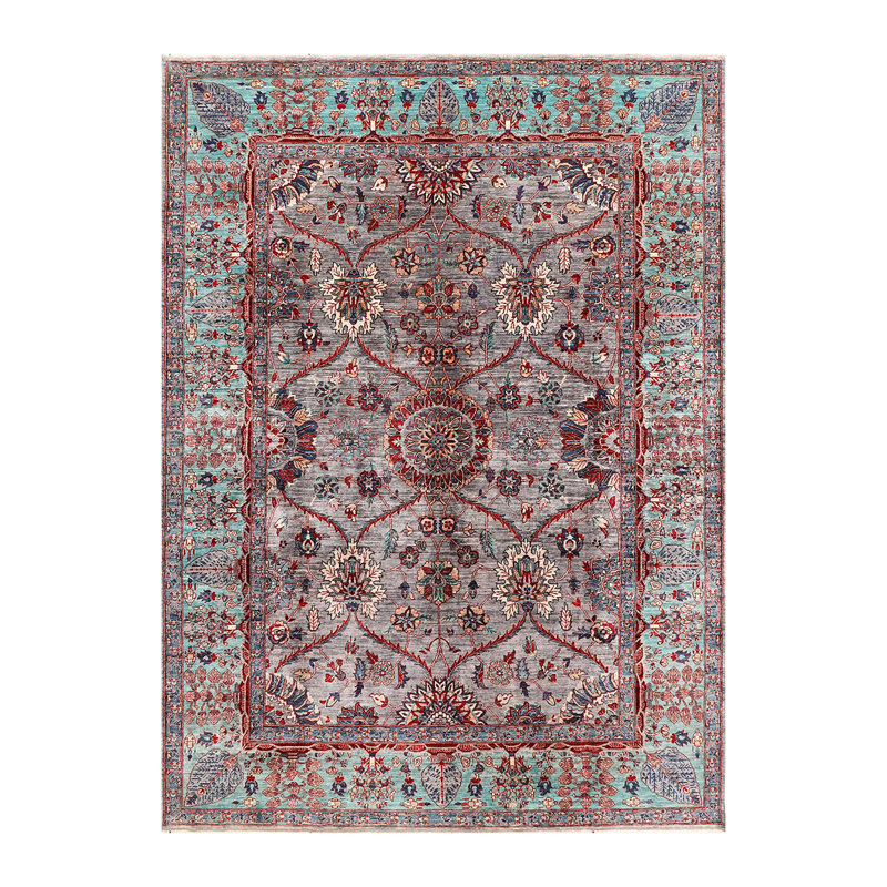 Tapis gris / rouge / bleu en laine noué à la main de conception unique 9 pi 10 po x 13 pi 10 po