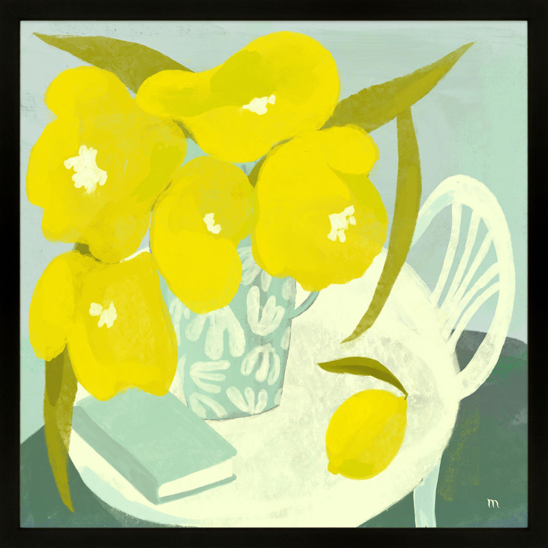 Chataignier Yellow Flowers and Lemon - Painting on Paper, H 36 po x l 36 po x P 1,25 po, Cadre érable