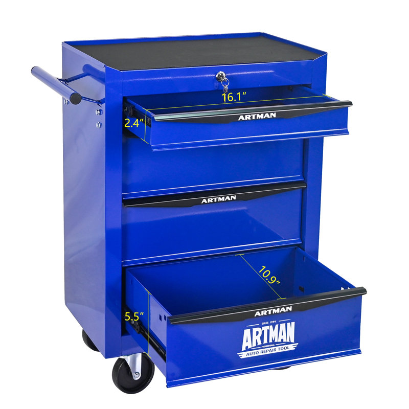 Coffre à outils roulant en métal avec 4 tiroirs, Noir / Bleu