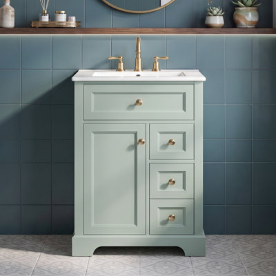 Meuble-lavabo autoportant 24 po en bois massif + panneau de fibres à densité moyenne avec lavabo intégré en céramique, meuble de salle de bain vert avec charnières et glissières à fermeture en douceur, support de porte à 2 niveaux, tiroir basculant et poignées