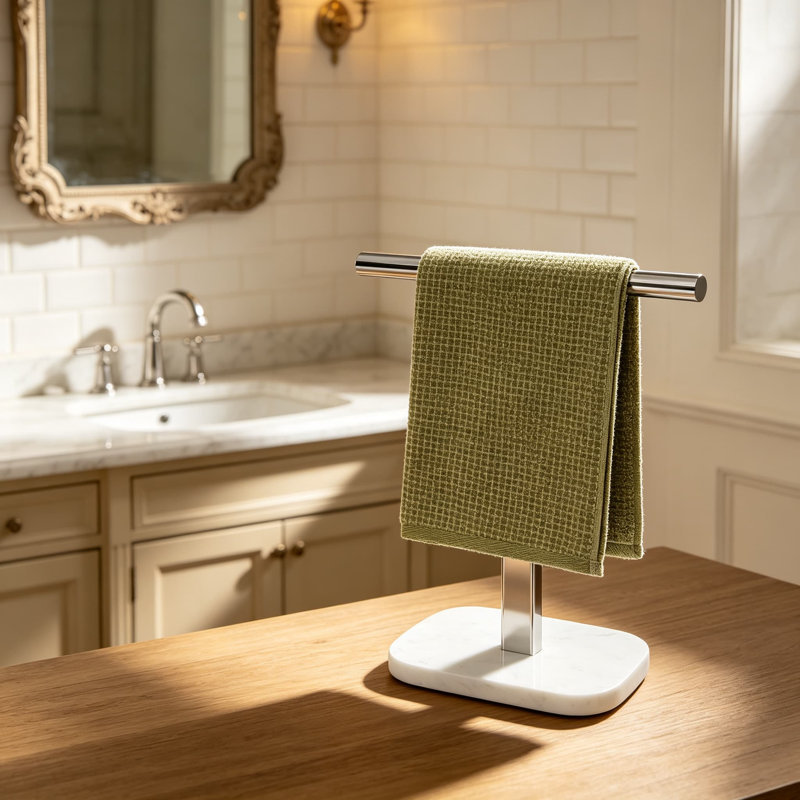 Porte-serviettes en forme de T avec base en marbre, barre porte-serviettes sur pied pour salle de bain, cuisine ou comptoir, porte-serviettes en acier inoxydable antirouille, anneau porte-serviettes moderne.
