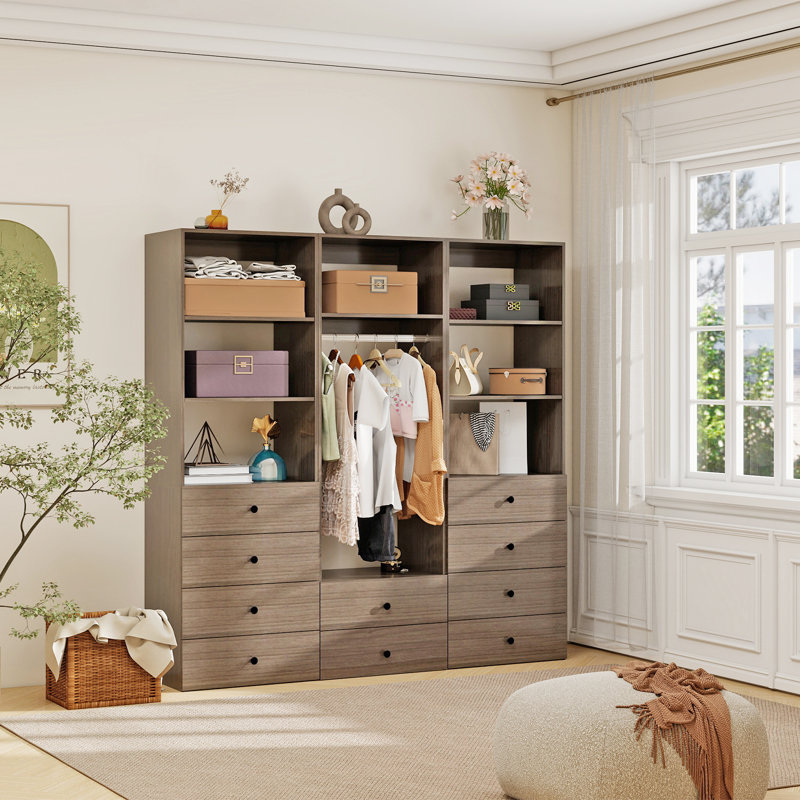 Modular Walk in Closet Organizer System with a rod,7 shelves and 10 drawers, Oak