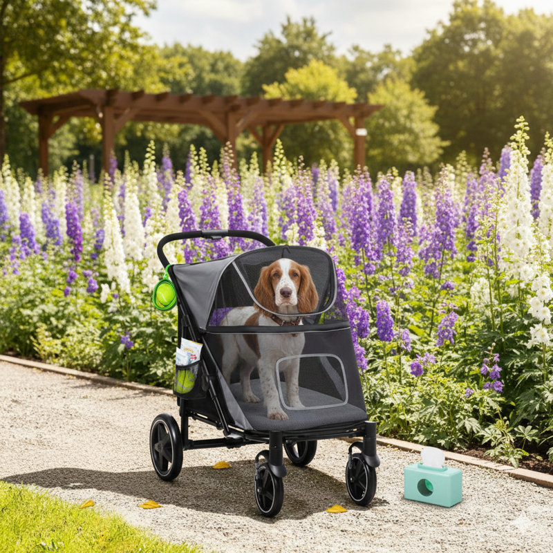 Poussette grise pour chien de taille moyenne / grande, mécanisme de pliage en un clic, avec rangement, roues amortissantes, fenêtres en filet et laisse de sécurité intérieure