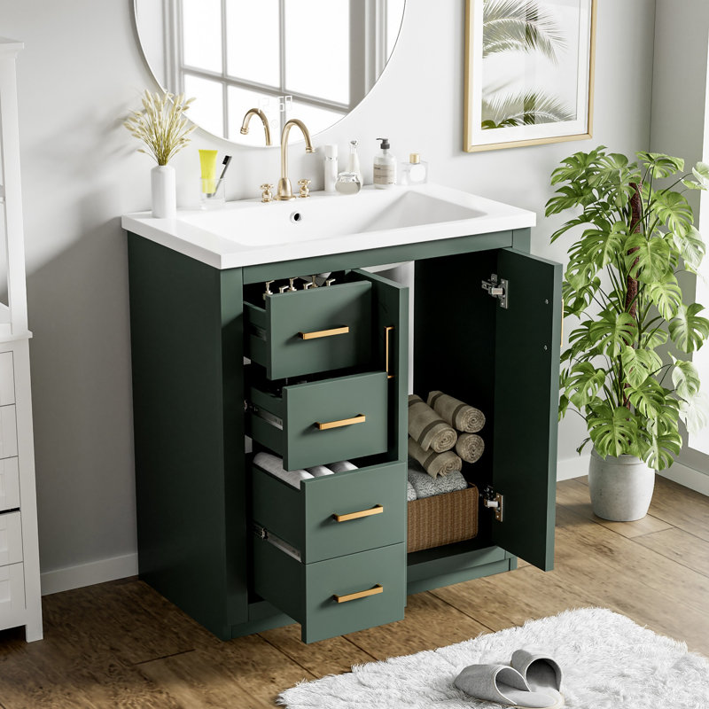 Bathroom Vanity With Ceramic Sink, Wood Frame Bathroom Storage Cabinet With Drawers And Soft Closing Doors, Green