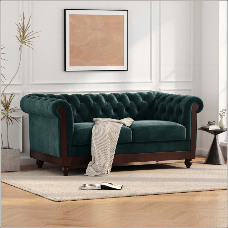 Chesterfield Velvet Loveseat Sofa,2-Person Rolled Arm Dutch Plush Upholstered Sofa Couch With Tufted Button For Living Room, Bedroom, Small Places