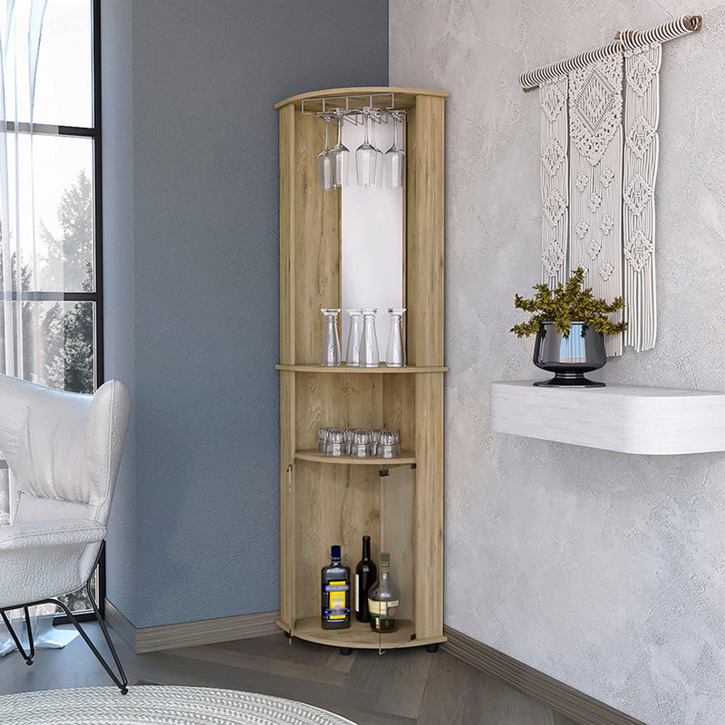 2-Door 2-Shelf Corner Bar Storage Cabinet With Glass Rack