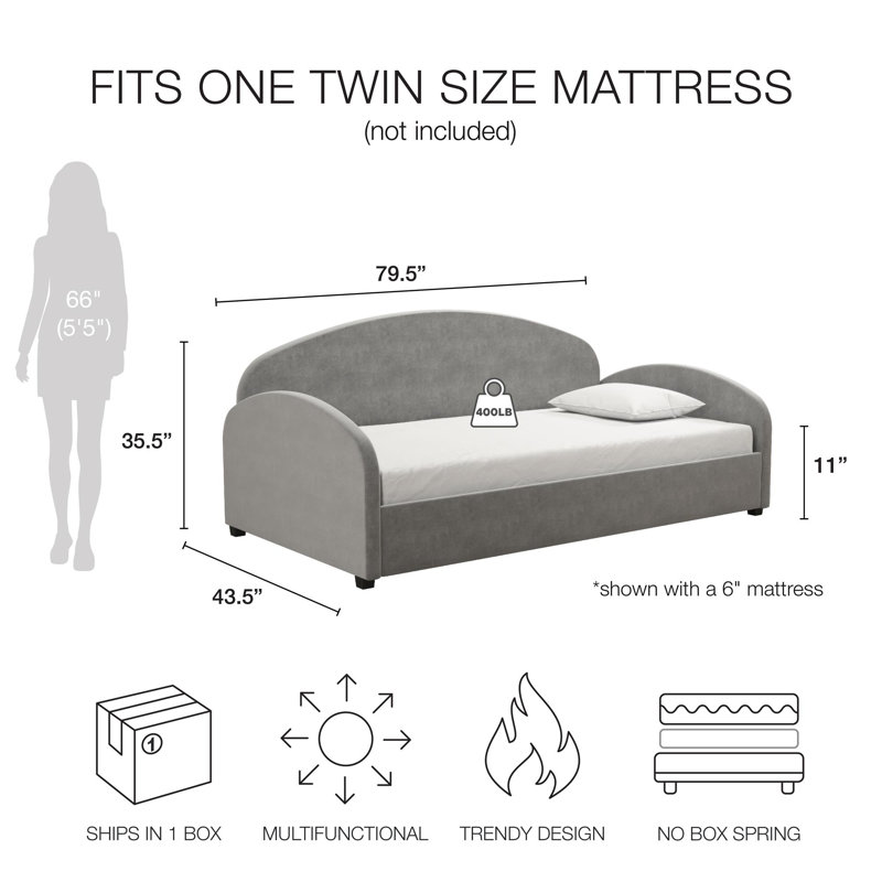 Gray Velvet Twin Upholstered Daybed with Metal Frame