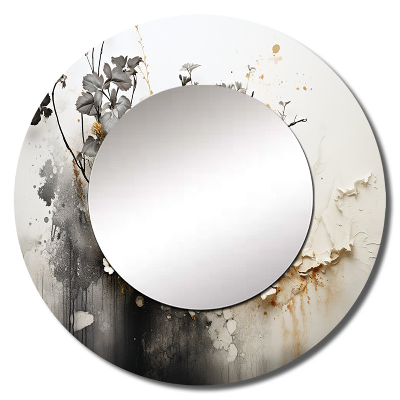 Samanthagrace Bohemian Earthly Floral Collage I - miroir décoratif boho abstrait, miroir mural rond gris, impression d'art en métal