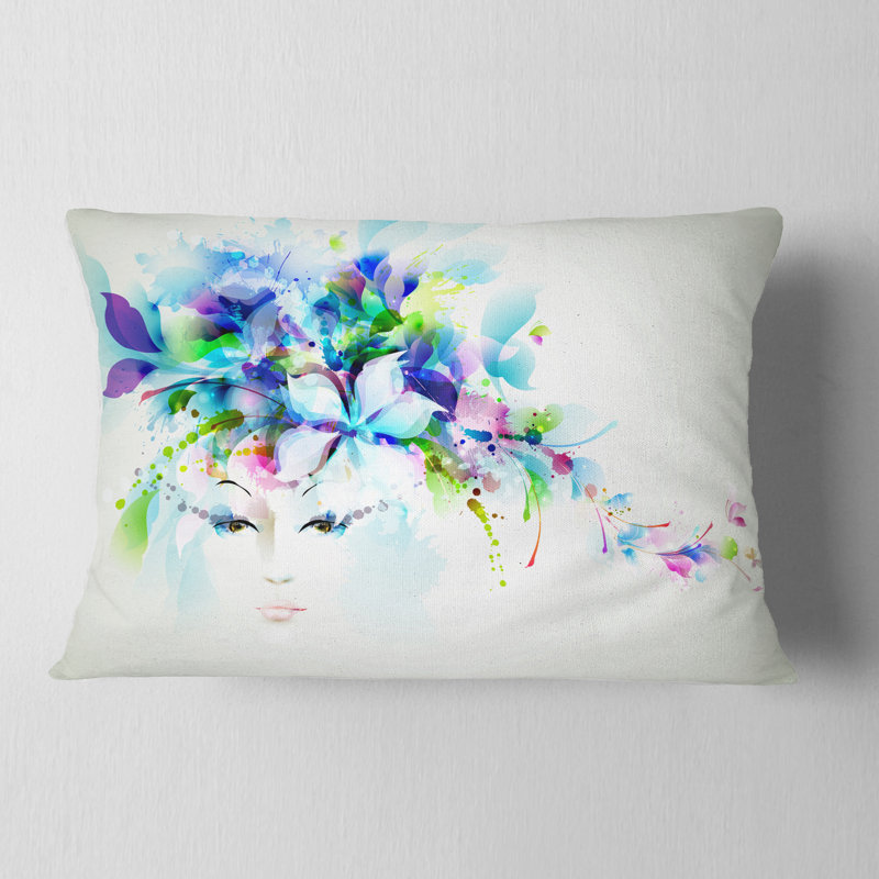 Femme avec fleurs bleues - Coussin décoratif à imprimé floral