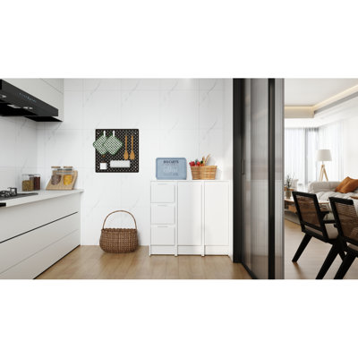 Armoire de rangement autoportante 36 po, portes et tiroirs à fermeture en douceur, blanc brillant, contreplaqué, emballage KD, combinaison 12 po x 3 po (convient pour la salle de bain, la cuisine, la salle d'étude, la chambre à coucher, etc.)