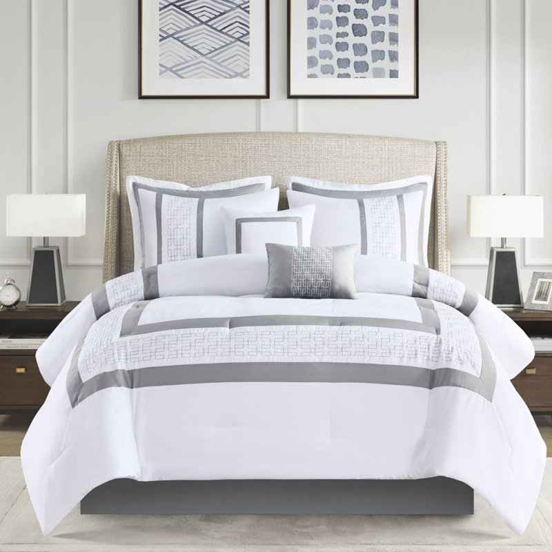 Édredon pour très grand lit 8 pièces - Élégants motifs de broderie décoratifs gris et blanc pour chambre à coucher