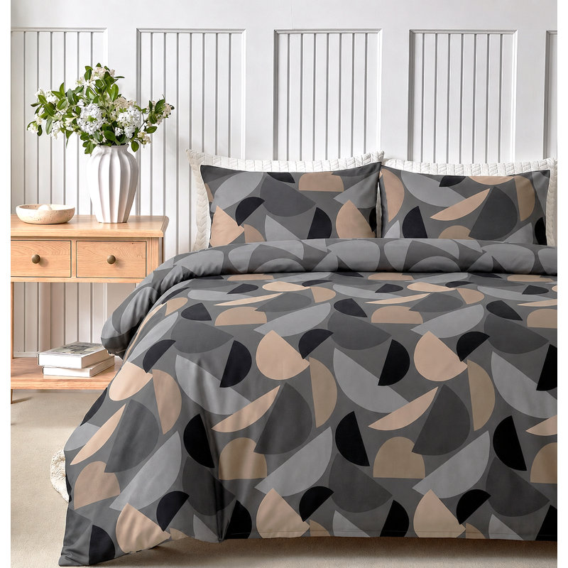 Bodie Charcoal Geometric Duvet Cover Set with Pillowcases — Abstract Graphic Print, Easy Care Polycotton, Sustainable BCI Cotton Bedding