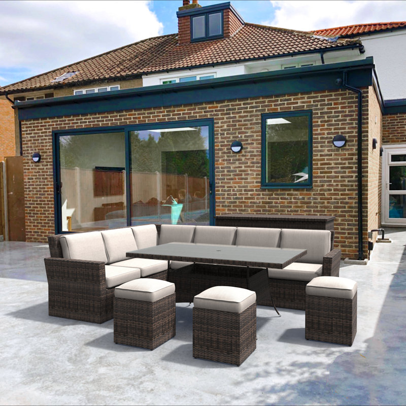 Ensemble de conversation modulaire en rotin 9 pièces avec coussins 9 pièces, Beige, Brun