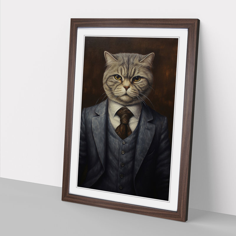 Cat In A Suit Painting No.2 - Single Picture Frame Print on Wood, 64cm H x 46cm W x 2cm D, Walnut Framed