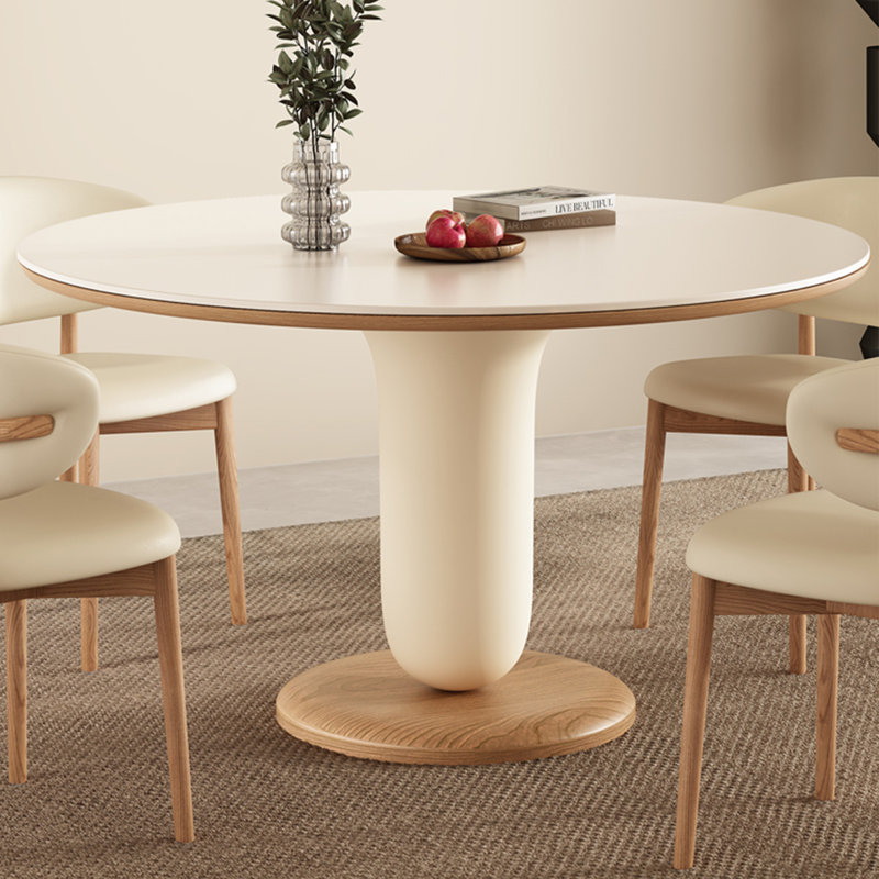 Sintered Stone Solid Wood Oak cream Dining Table, 29.53"H x 39.37"L x 39.37"W