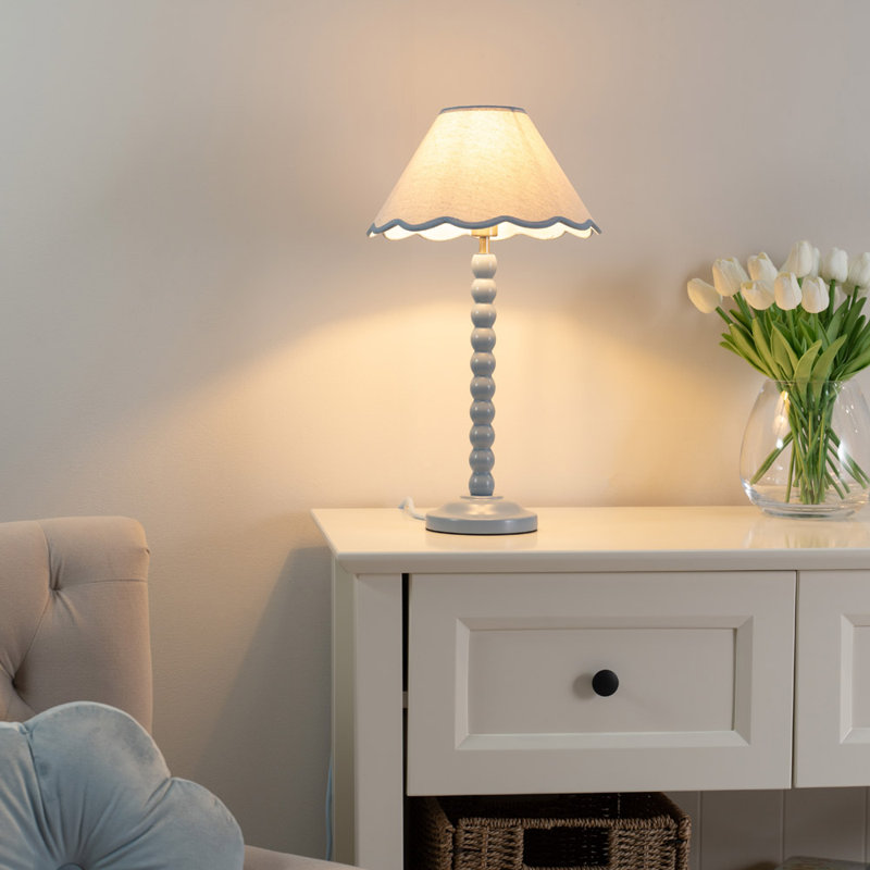 Nephi Bobbins Painted Table Lamp with Tapered Natural Linen Trim Scallop Shade, Natural Linen with Blue Trim, Blue, Yes