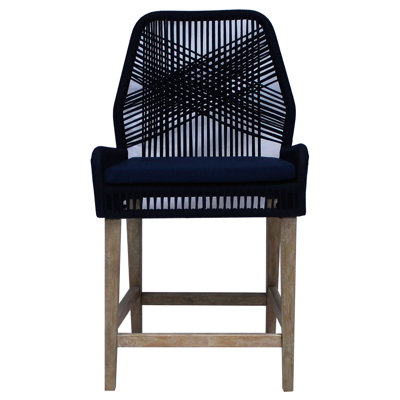 2 sièges à hauteur de comptoir - tissage corde bleu foncé, sous-tapis en mousse souple, tabourets à base stable en bois brun et assise
