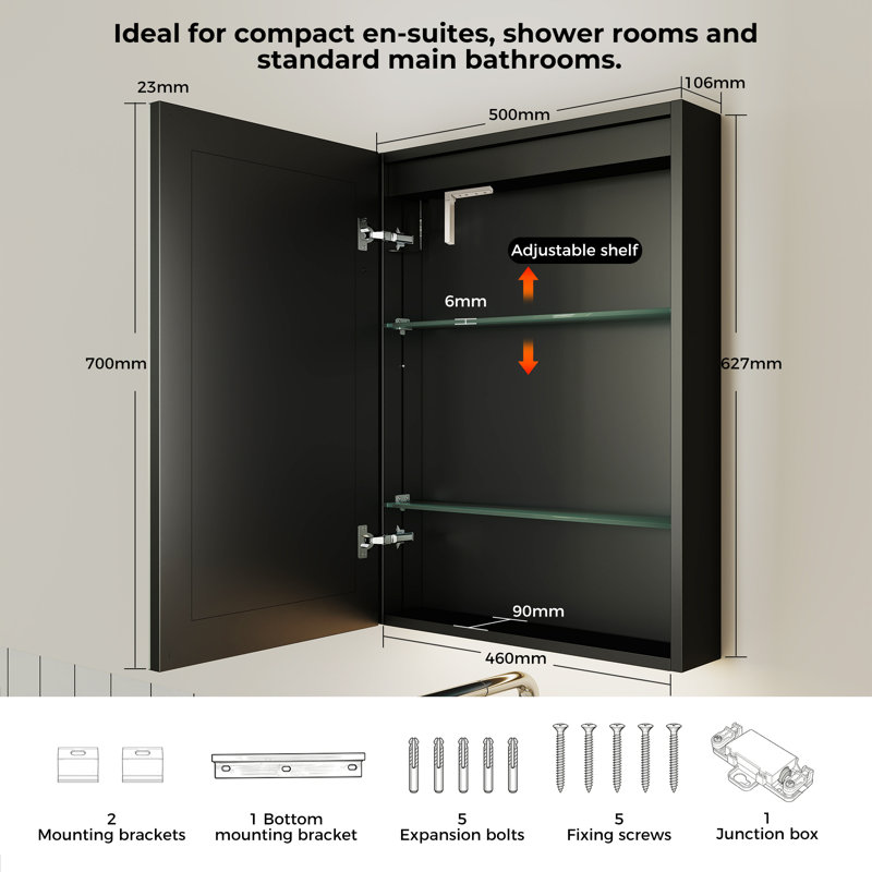 500mm W 700mm H Wall Mounted Required Frameless Medicine Cabinet Mirror 3 Fixed