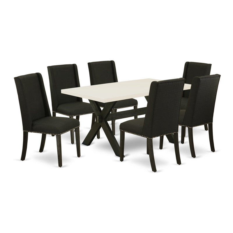 Ensemble de salle à manger 7 pièces composé d'une table de salle à manger rectangulaire avec pieds en X et 6 chaises Parson rembourrées en tissu noir, finition noire brossée