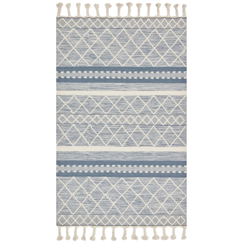 Tapis bleu / gris / beige en laine noué à la main Isidore, Rectangle de 5 pi x 7 pi 6 po