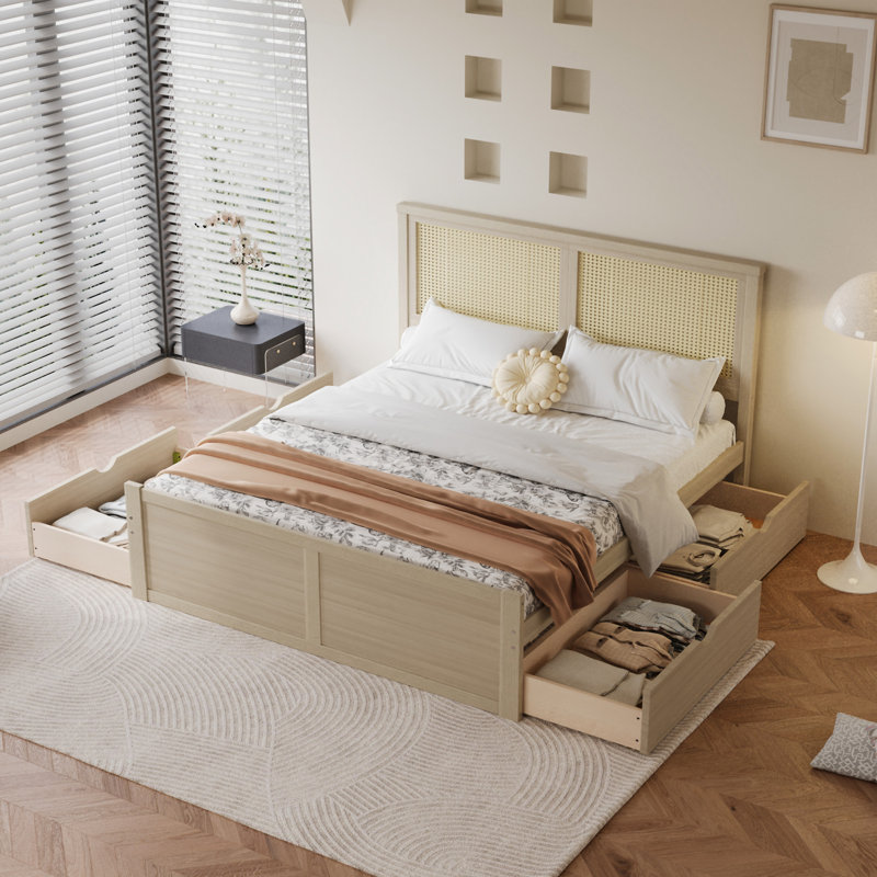 Lit plateforme avec rangement en bois avec 4 tiroirs, Naturel antique, Lit double