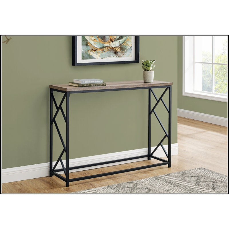 Console moderne moderne avec plateau en stratifié gris et base en métal noir, parfaite pour les vestibules et les canapés