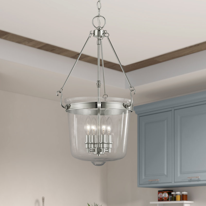 Polished Nickel 4-Light Hand-Crafted Clear Glass Jar Pendant