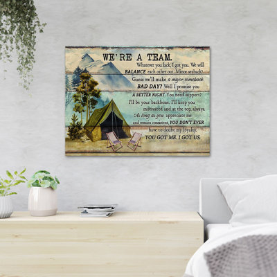 Camping Tent Near River - We're A Team - 1 Piece Rectangle Graphic Art Print On Wrapped Canvas