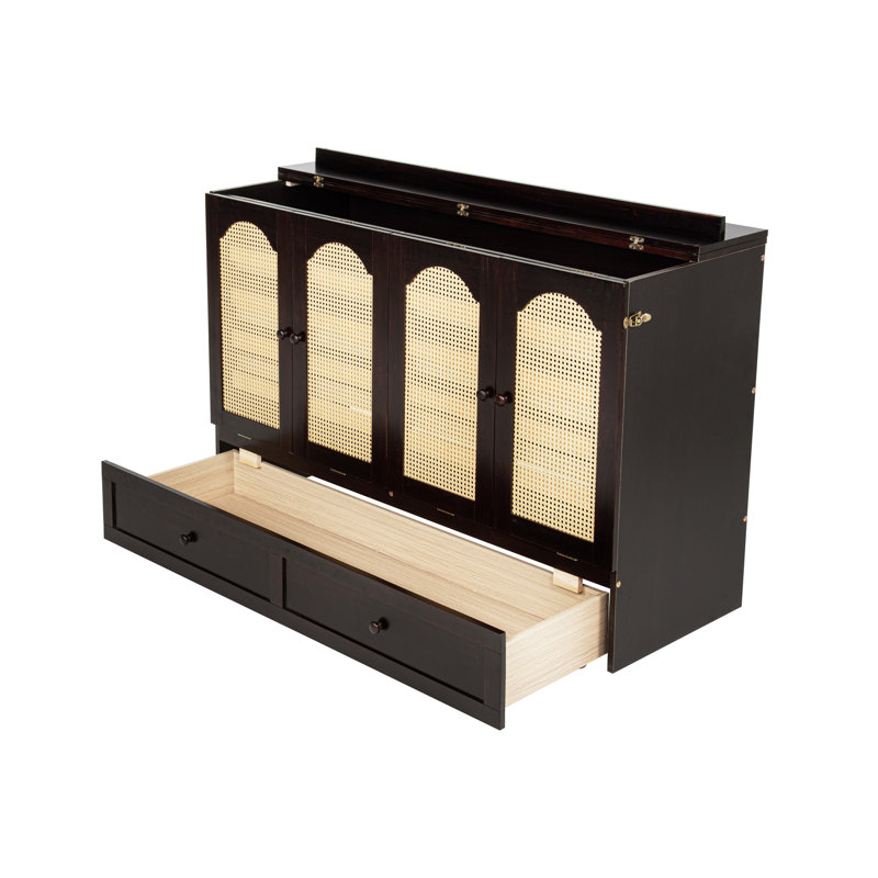 Lit escamotable, armoire-lit en bois de pin avec centrale électrique et panneau de décoration en rotin, Espresso