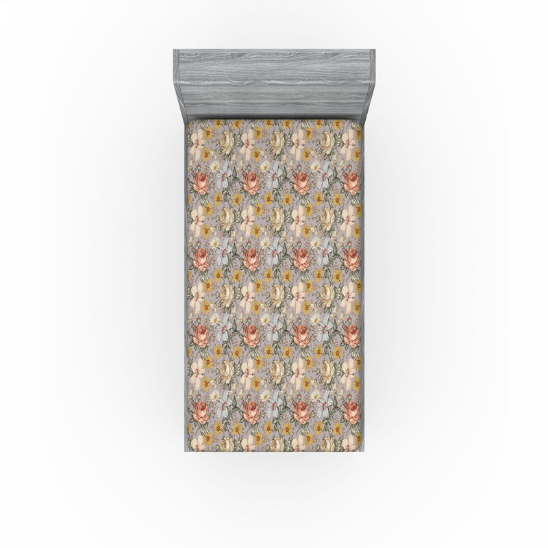 Ambesonne Fitted Sheet, Twin Fitted Sheet, Mauve Mustard Rose Floral