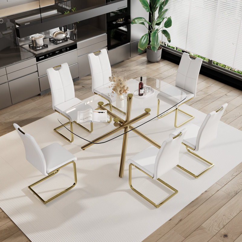 Rectangle Glass Pedestal Dining Set, White, 7