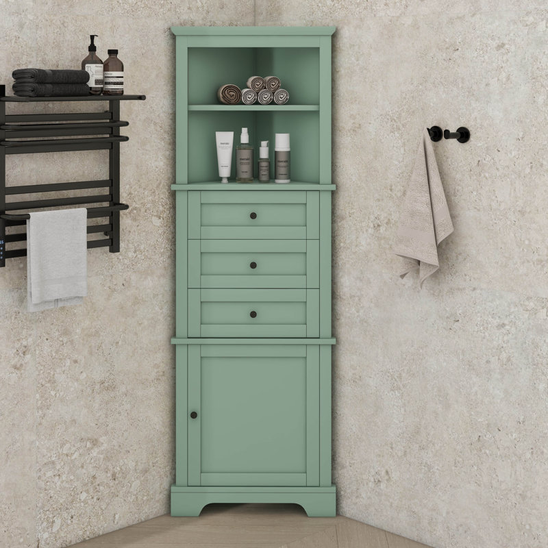 Tall Triangular Corner Cabinet With Triple Drawers And Customizable Shelves For Bathroom Kitchen, Green