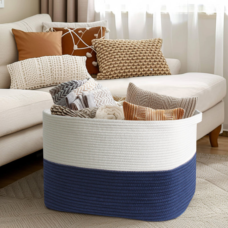 Très grand panier de rangement en corde de coton 62L avec poignées - Panier à couverture tissé pour vêtements, couvertures, coussins et jouets