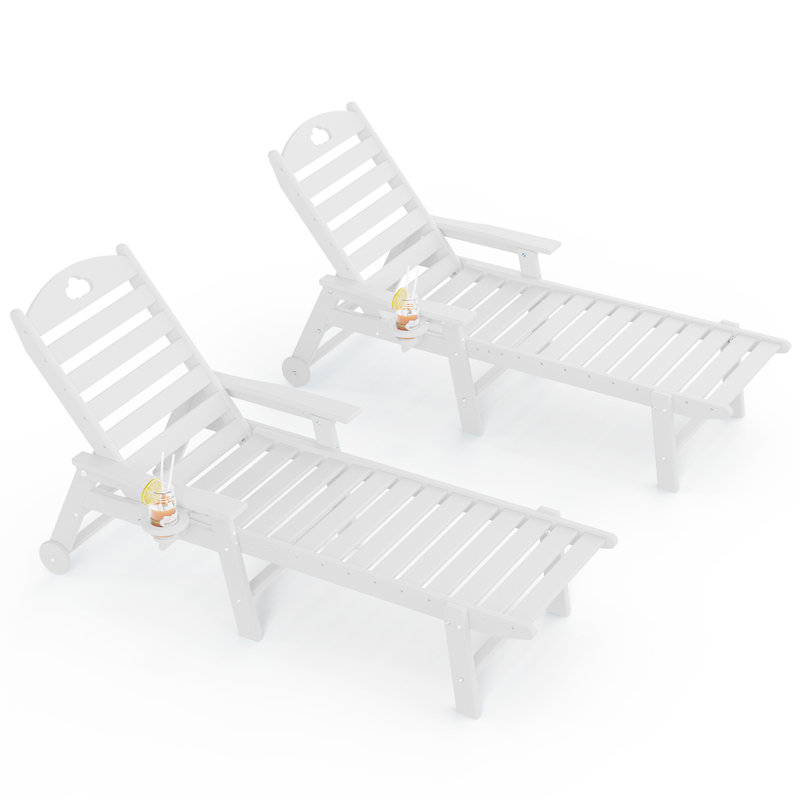Outdoor Lounge Chair with Cup Holder, Outdoor Chaise Lounge with 6-Position Adjustable Backrest, HDPE Lounge Chair for Poolside, Patio, Deck & Backyard, Chaise Lounge with Wheels