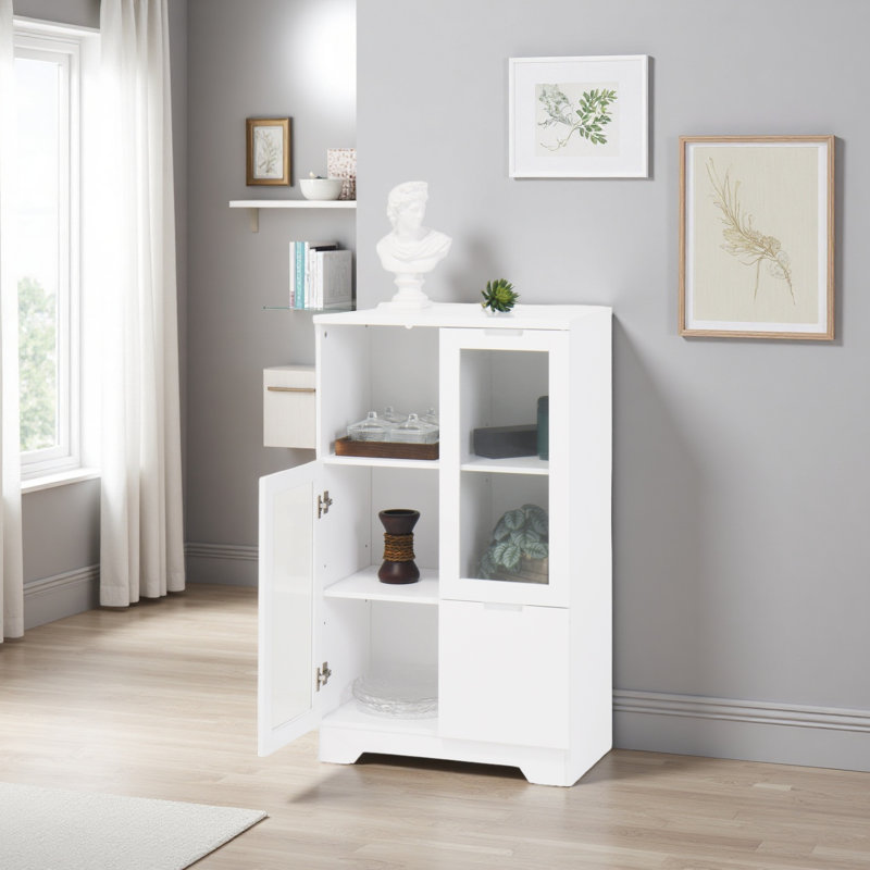 MDF Painted Cabinet With Glass Doors And Drawer, Open Storage Space, White