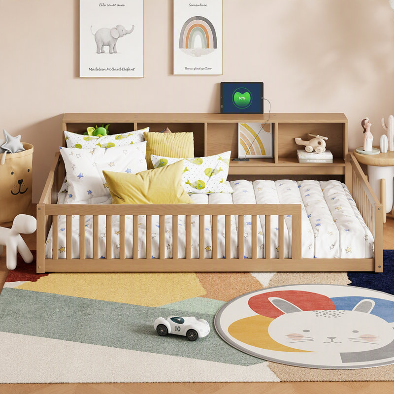 Lit en bois simple TG avec armoires de rangement et ports USB, brun, Brun