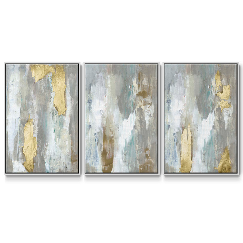 Ensemble de 3 pièces texturées neutres et dorées I encadrées sur toile, Blanc, H 27 po x l 54 po