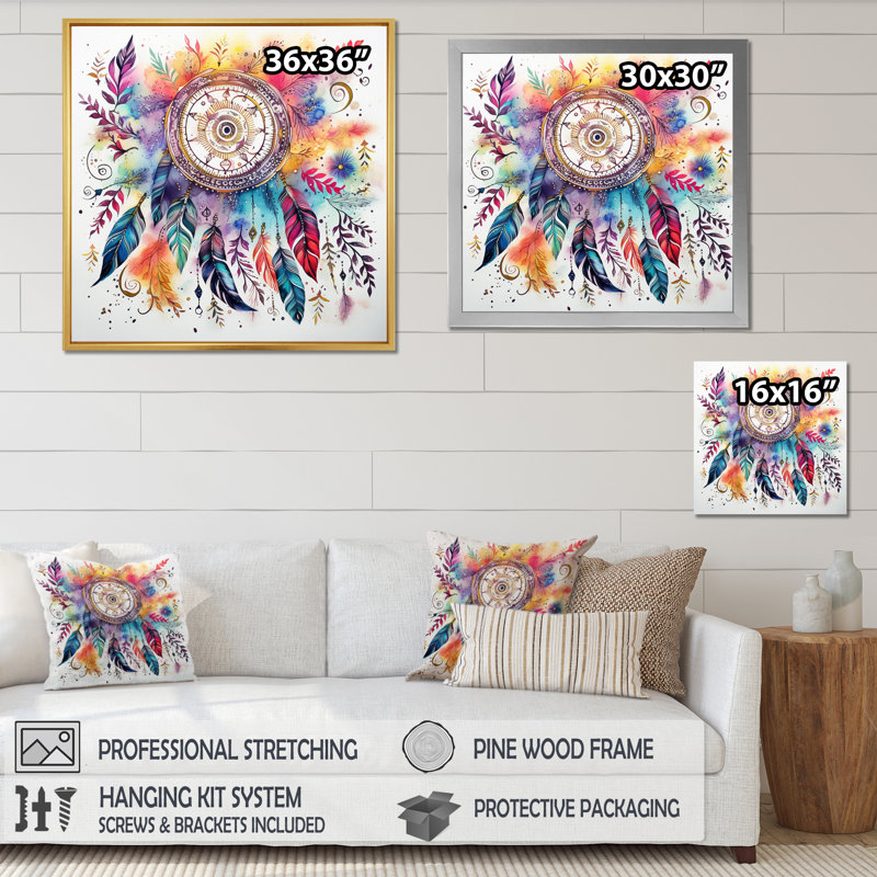 Rainbow Boho Dreamcatcher, aquarelle encadrée sur toile, Cadre simple blanc, H 24 po x l 24 po x P 1 po