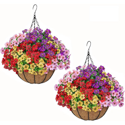 Set Of 2 Primrue Artificial Flowers with Hanging Basket, 24 Pcs Realistic Fake Flowers with 2 Hanging Planter for Outdoor Garden Patio Front Porch Indoor Home Spring Summer Decor (Red, Yellow, Purple, Pink)