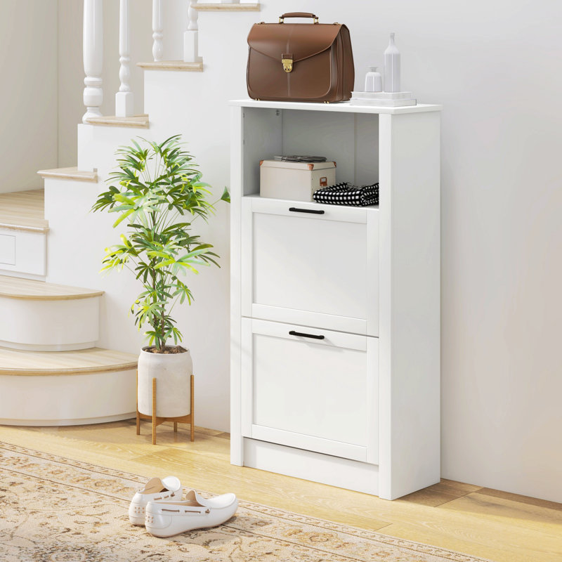 Shoe Storage Cabinet With Open Compartment And 2 Flip Drawers