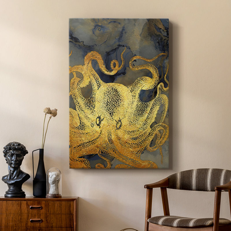 Pieuvre encre dorée et bleue II - galerie Cavas sur mesure, H 12 po x l 8 po