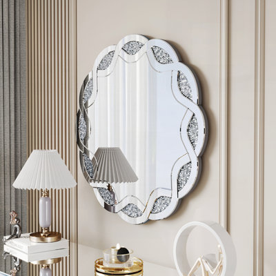 Silver Crush Diamond Round Wall Mirror, 31.5 Inch Wave Frame Decorative Mirror for Living Room, Bathroom, Bedroom, Hallway, Heavy Duty Frame with 2 Hangers