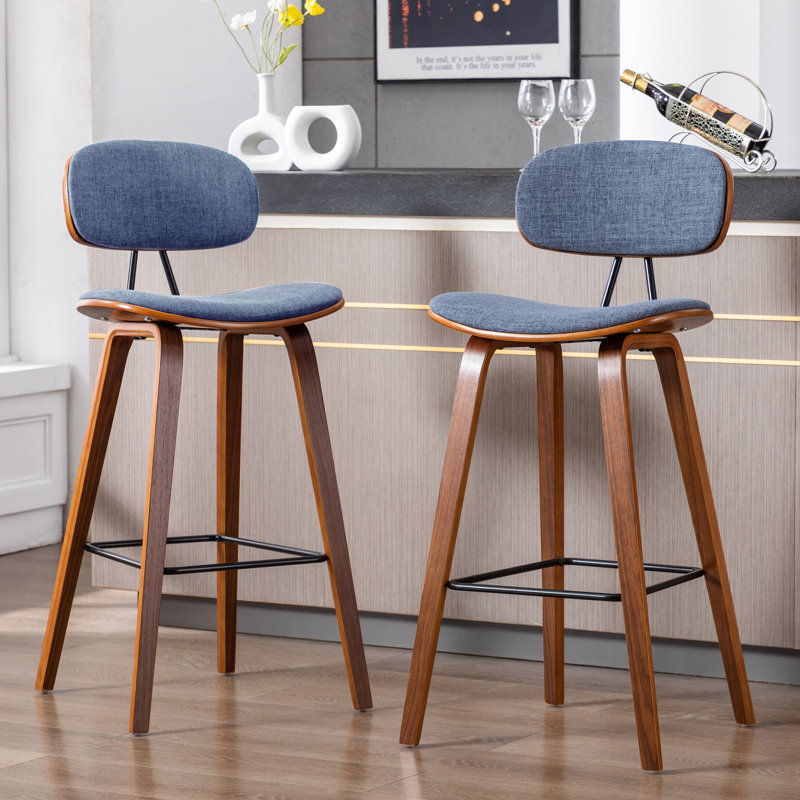 Upholstered Counter Stool with Solid Wood Frame, Blue