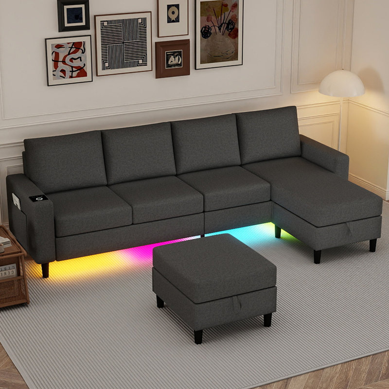 4-seater Linen Sectional Sofa With Smart Module-wireless Charging/usb/type-c/rgb Lights (dark Grey), Gray